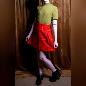 Orange Plaid Pleated High Waisted Mini Skirt